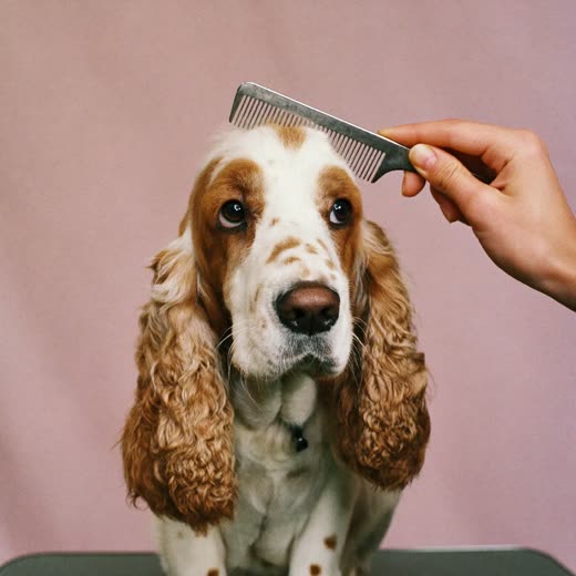 A spaniel's ear being combed with a grooming comb